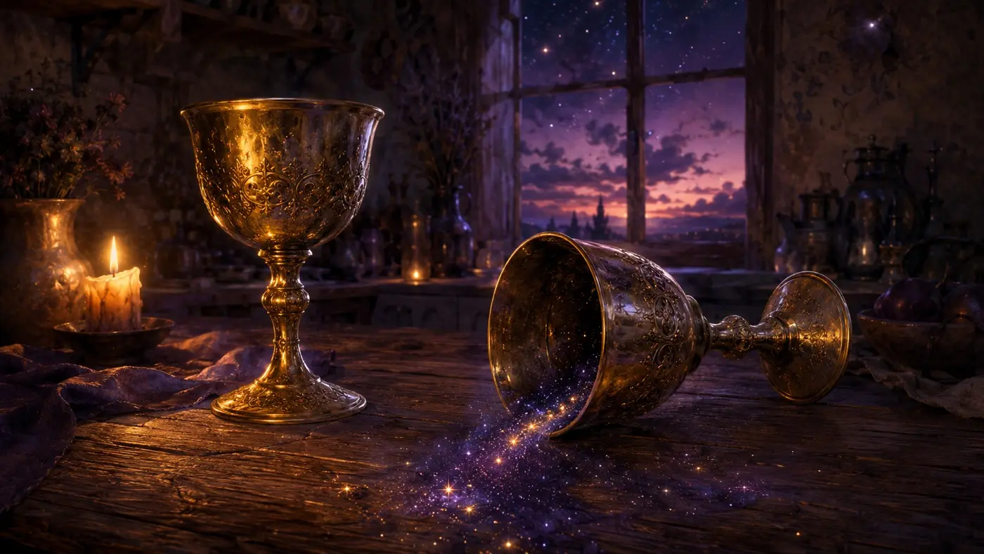 Two golden cups on a table, one tipped over, in soft candlelight